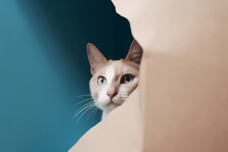Portrait of a cat peeking through a hole in the wallの素材