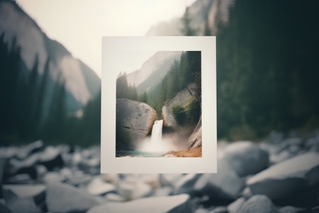 Photo frame with a waterfall on the background of a mountain landscape.の素材