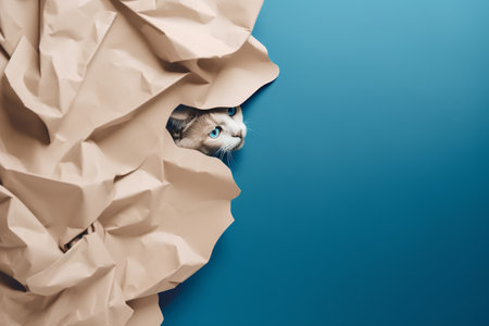 Crumpled paper with cat on blue background. Place for text.の素材