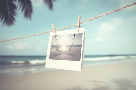 Blank photo frame hanging on clothesline with sea and beach backgroundの素材