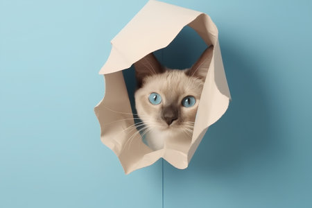 Cute cat peeking out of a hole in a blue paperの素材