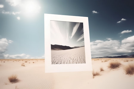photo frame in sand dunes with sun rays and blue sky backgroundの素材