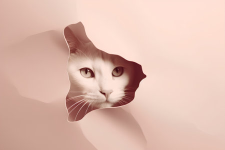 Cute cat peeking through hole in pink paper. Abstract backgroundの素材