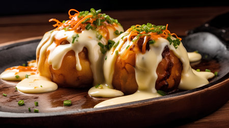 Baked potatoes with cheese sauce on a wooden background. Selective focus.の素材