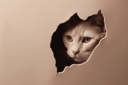 Cute cat looking through hole in brown paper. Toned.の素材