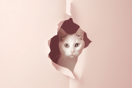 White cat peeking through a hole in a pink paper background.の素材