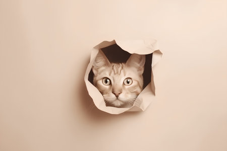 Cute ginger cat peeking out of a hole in paper.の素材