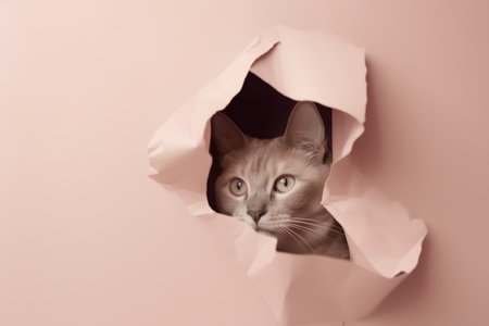 Cute cat peeking out of a hole in a pink paperの素材