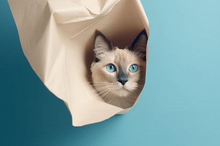 Siamese cat peeking out of a paper bag on blue backgroundの素材