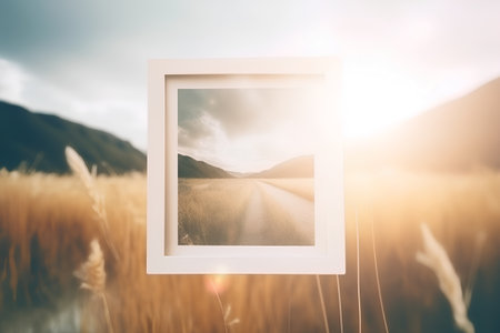 Blank photo frame on grass field background, vintage toned imageの素材