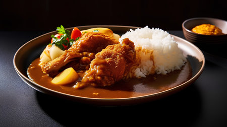 Japanese curry chicken with rice on a black background. Selective focus.の素材