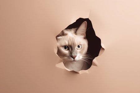 Cute cat peeking out of a hole in brown paper.の素材