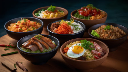 Bowls of different kinds of rice with meat, vegetables and fried eggの素材