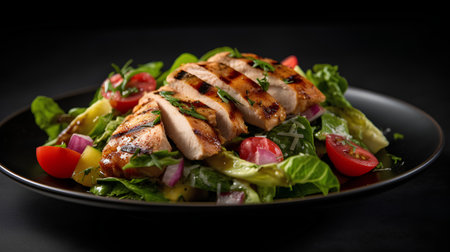 Grilled chicken fillet with salad on a black plate on a dark backgroundの素材