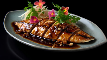 Japanese cuisine, grilled eel with teriyaki sauce on black backgroundの素材