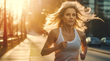 Running woman jogging in city at sunrise. Sport fitness model caucasian ethnicity training outdoor.の素材
