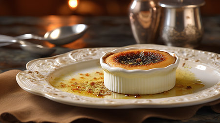 Creme brulee, traditional French vanilla custard pudding on a plateの素材