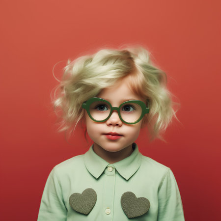 Cute little girl with blond curly hair wearing green glasses on red backgroundの素材