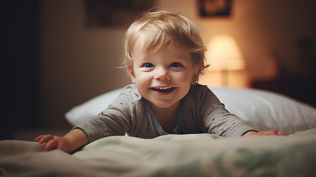 Portrait of a cute little boy laughing on the bed at homeの素材