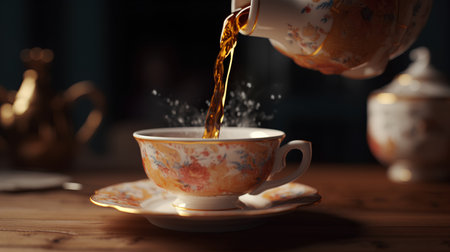 Tea pouring into a cup on a wooden table in a dark roomの素材