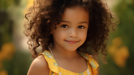 Portrait of a beautiful little girl with curly hair in the parkの素材