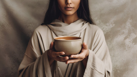cropped shot of young woman holding cup of coffee on grey backgroundの素材