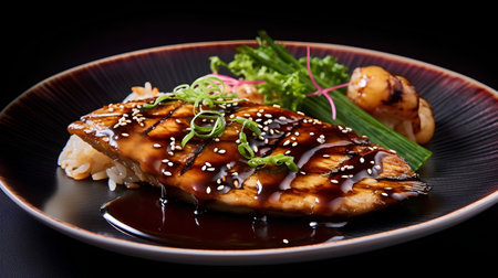 japanese cuisine. grilled eel with rice on black backgroundの素材