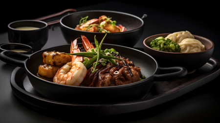 Japanese cuisine. Steak with shrimps, prawns and vegetables on a black background.の素材
