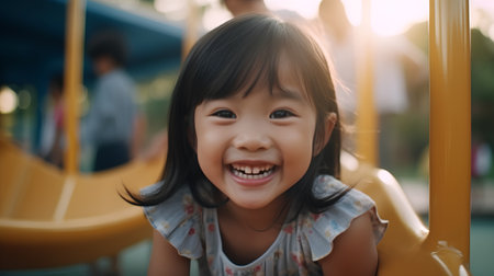 Portrait of a happy asian little girl playing on the playgroundの素材