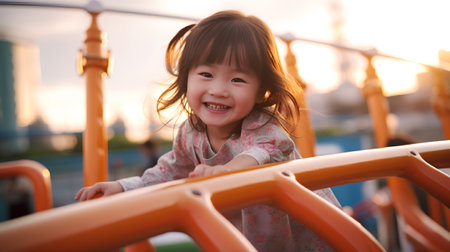 happy little asian girl having fun on the playground at sunset timeの素材