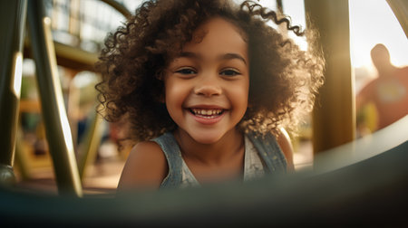 Close up portrait of cute african american little girl having fun on playground.の素材