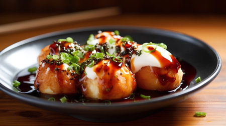 Japanese cuisine. Tofu in soy sauce on a wooden tableの素材