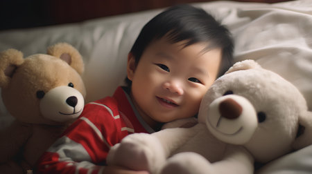Cute asian little girl in red pajamas lying on bed with teddy bears.の素材