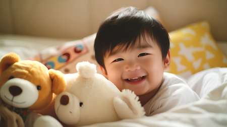 Cute asian baby boy playing with toys on the bed.の素材