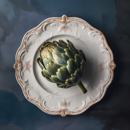 Artichoke on vintage plate on dark blue background, top viewの素材