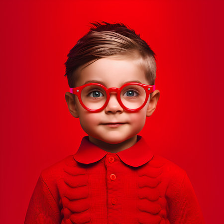 Portrait of a cute little boy in red clothes and glasses on a red background.の素材