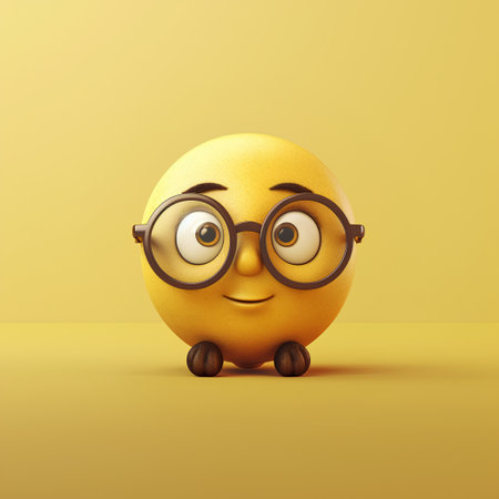 Funny yellow emoticon with big eyes and glasses. 3d illustrationの素材