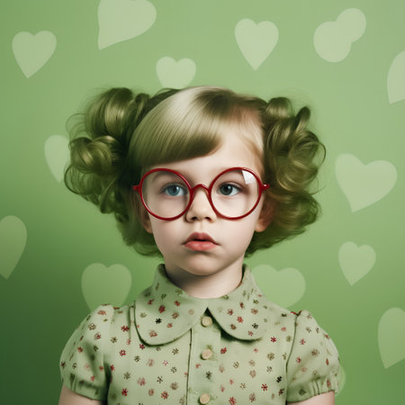 Funny little girl with red glasses on a green background with heartsの素材