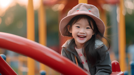 Portrait of happy asian little girl having fun on playground.の素材