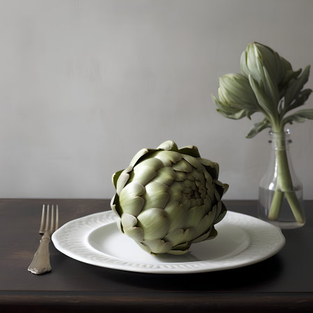 Artichoke on white plate with fork and knife on wooden tableの素材