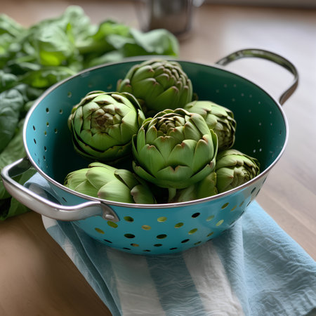 Fresh green artichokes in a colander on a wooden tableの素材