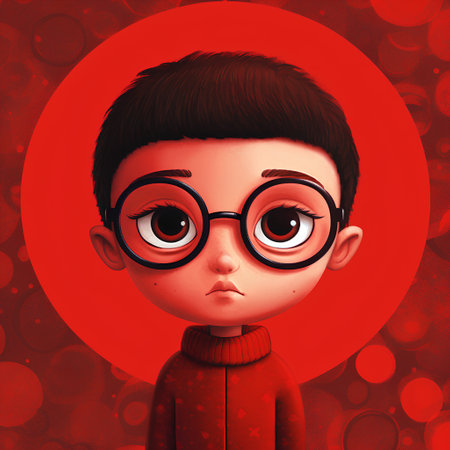 Funny boy with glasses and red background. 3d illustration.の素材