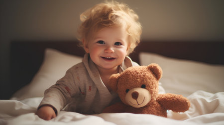 Cute baby boy playing with teddy bear on bed at homeの素材