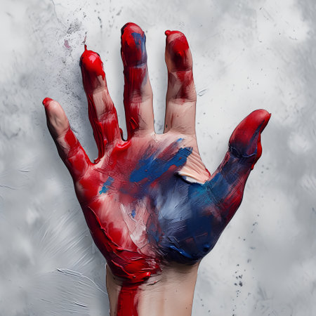 Red and blue paint on human hand over grey background. Halloween conceptの素材
