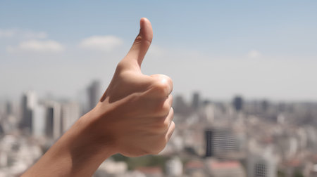 hand showing thumbs up on a background of the city and the skyの素材