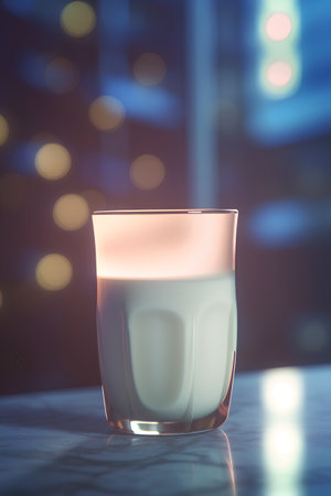 Glass of milk on the table in front of blurred city background. 3D Renderingの素材
