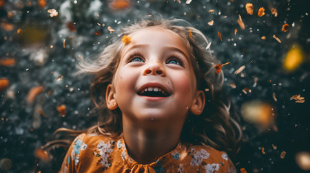 Cute little girl having fun in autumn park with falling leaves.の素材