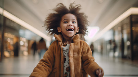 Portrait of a cute little girl with afro hairstyle in the shopping mallの素材