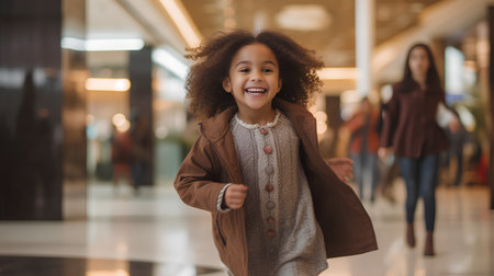 Portrait of a smiling little girl with curly hair in the shopping mallの素材