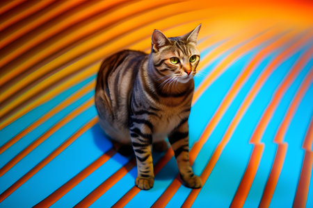Portrait of a beautiful bengal cat sitting on colorful backgroundの素材